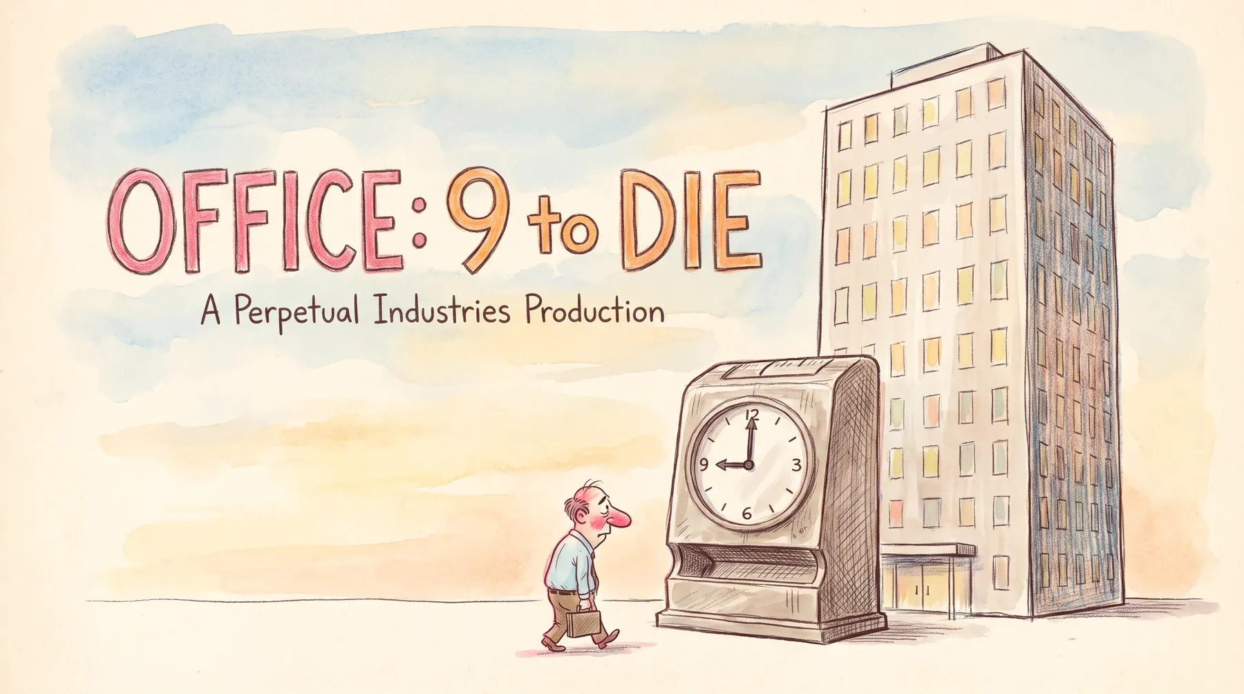 Key art: a tired office worker walks past a giant punch clock in front of the Perpetual Industries tower. Title: OFFICE: 9 to DIE.